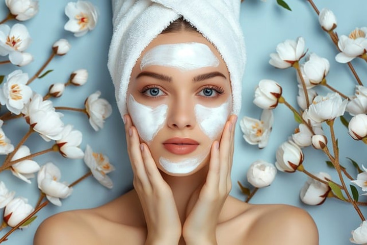 An AI generated image of a woman applying a facial skin care product.