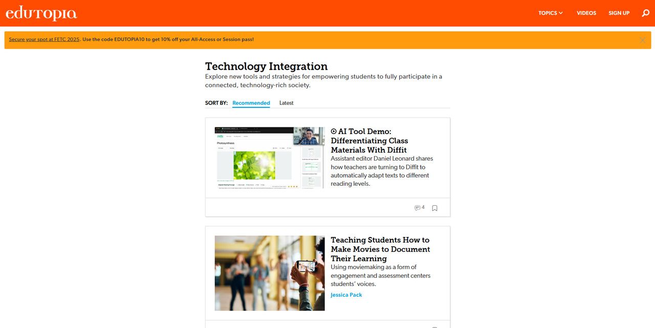Edutopia's Technology Integration Section page.