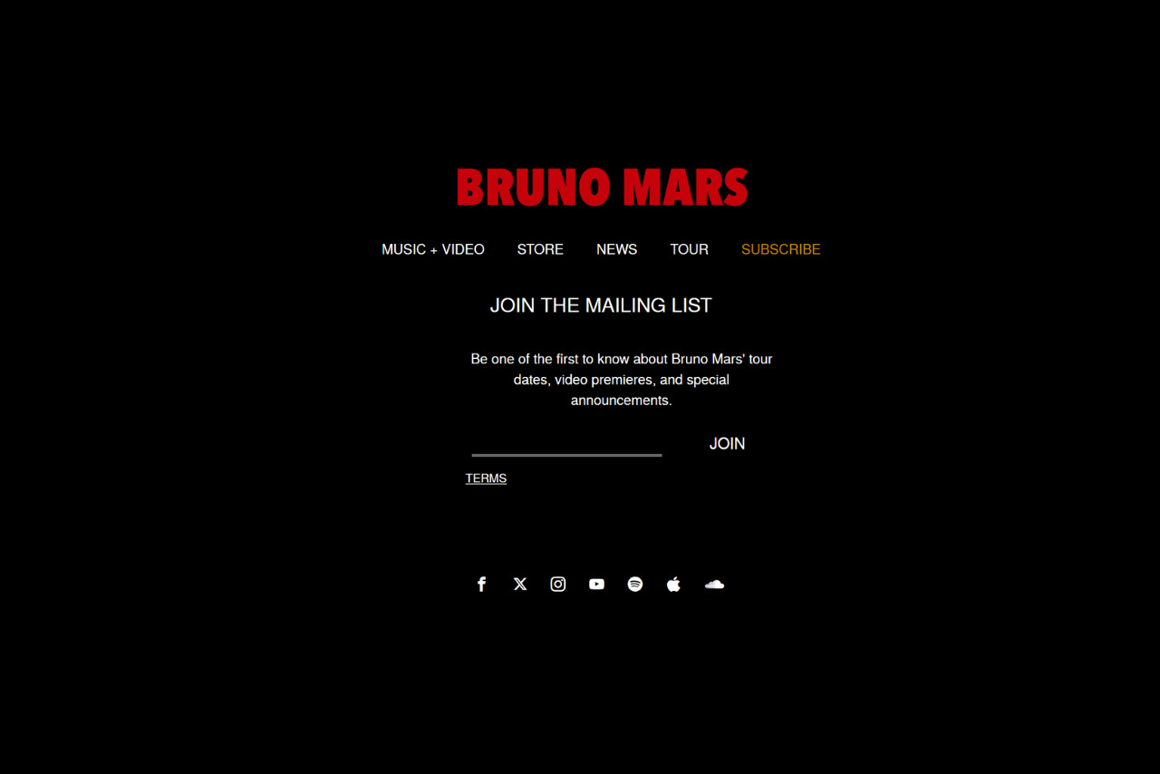 Famous musician's website with easy subscribe and mailing list sign-up form.