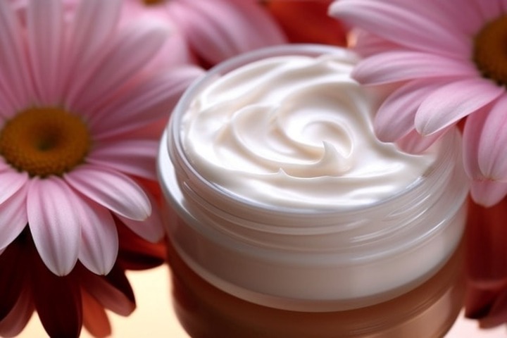 White cream with pink flowers in the background.