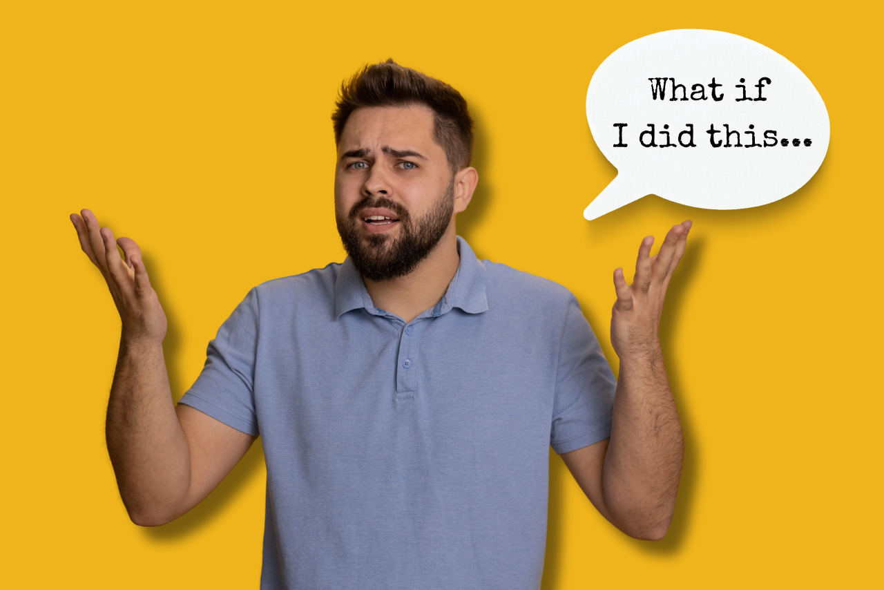 A guy strikes a questioning pose, accompanied by a thought bubble that says, 
