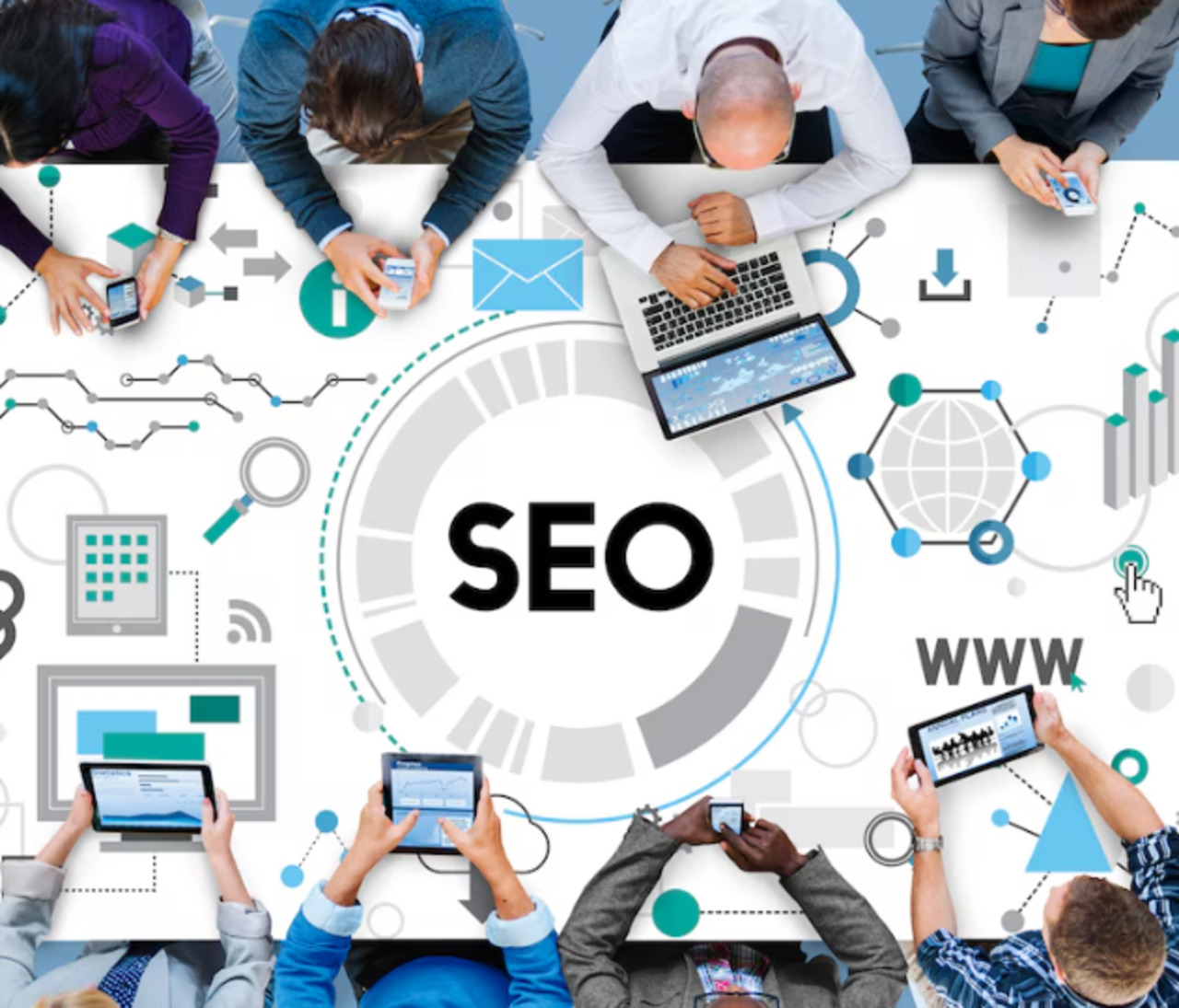 SEO specialists in a meeting.