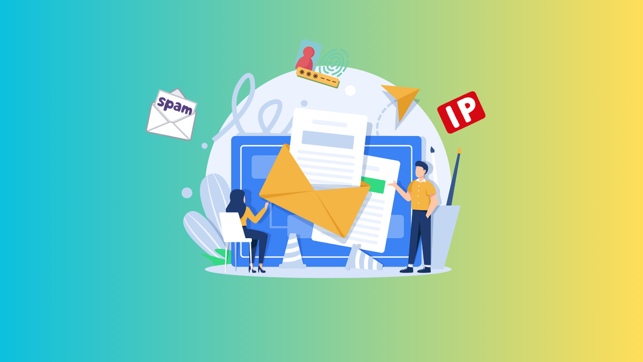 Cartoon illustration of two people sending email.