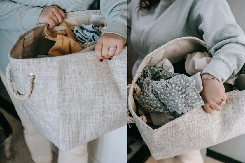 A grey laundry bag.