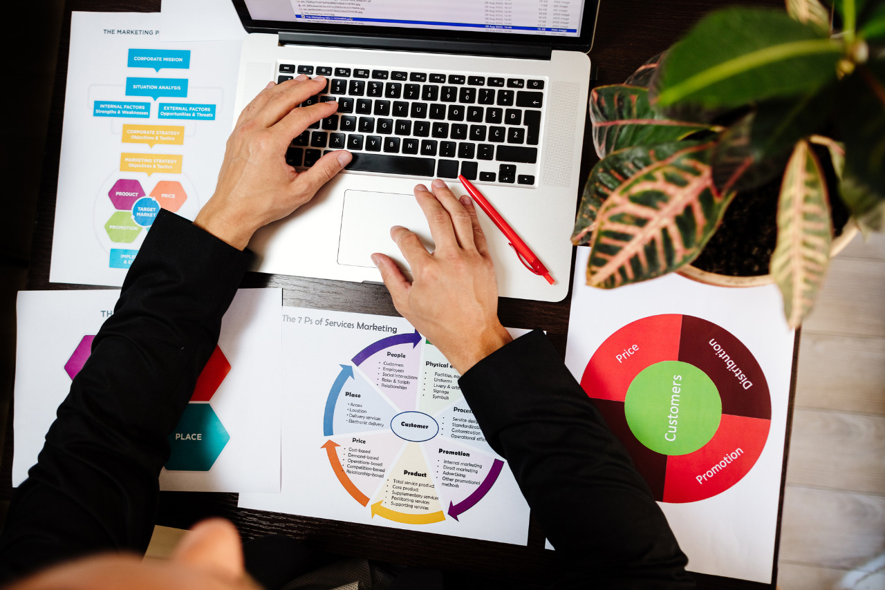 Businessman doing market research using laptop with print outs of graphs scattered around.