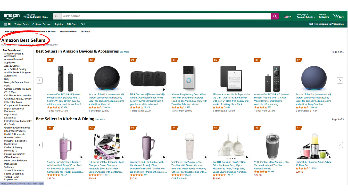 Amazon best seller section page.