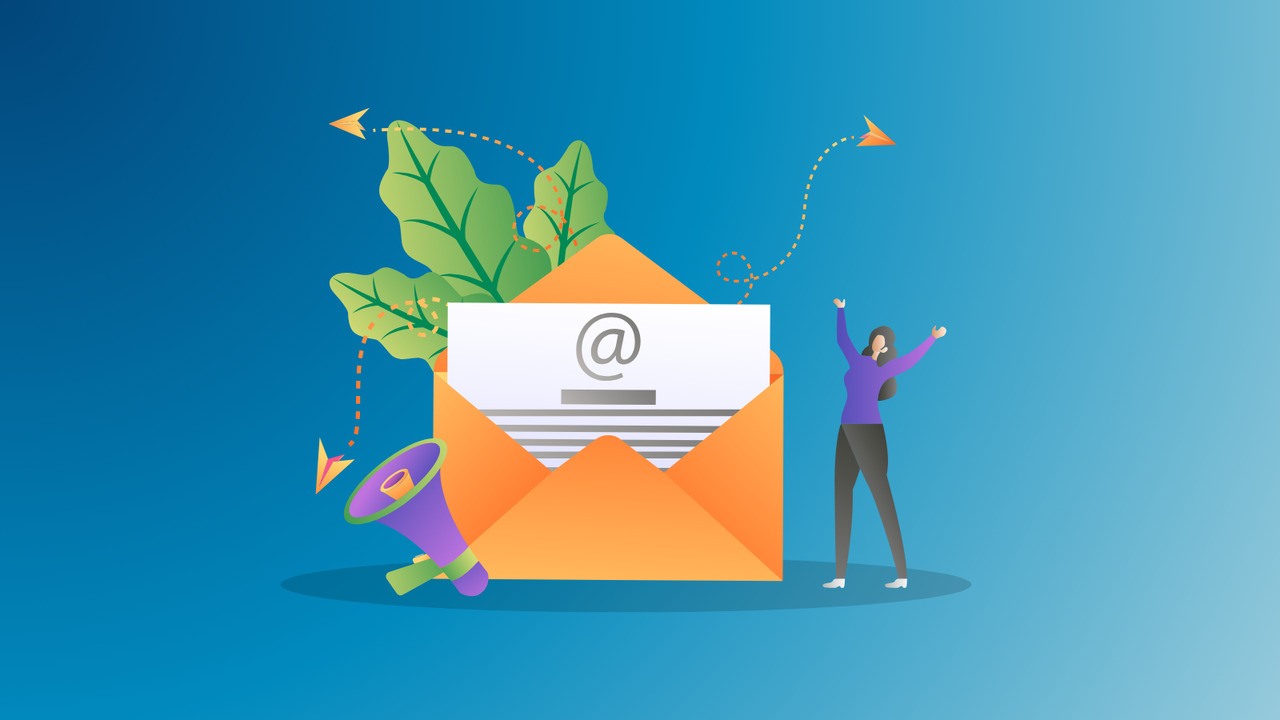 Illustration of woman beside large email icon and megaphone.