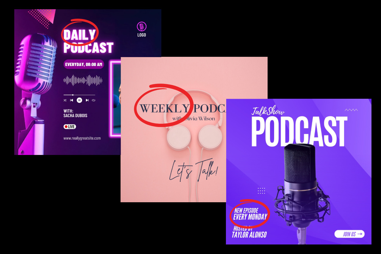 Three sample podcast show banners showcasing episodes released daily, weekly, and every Monday.