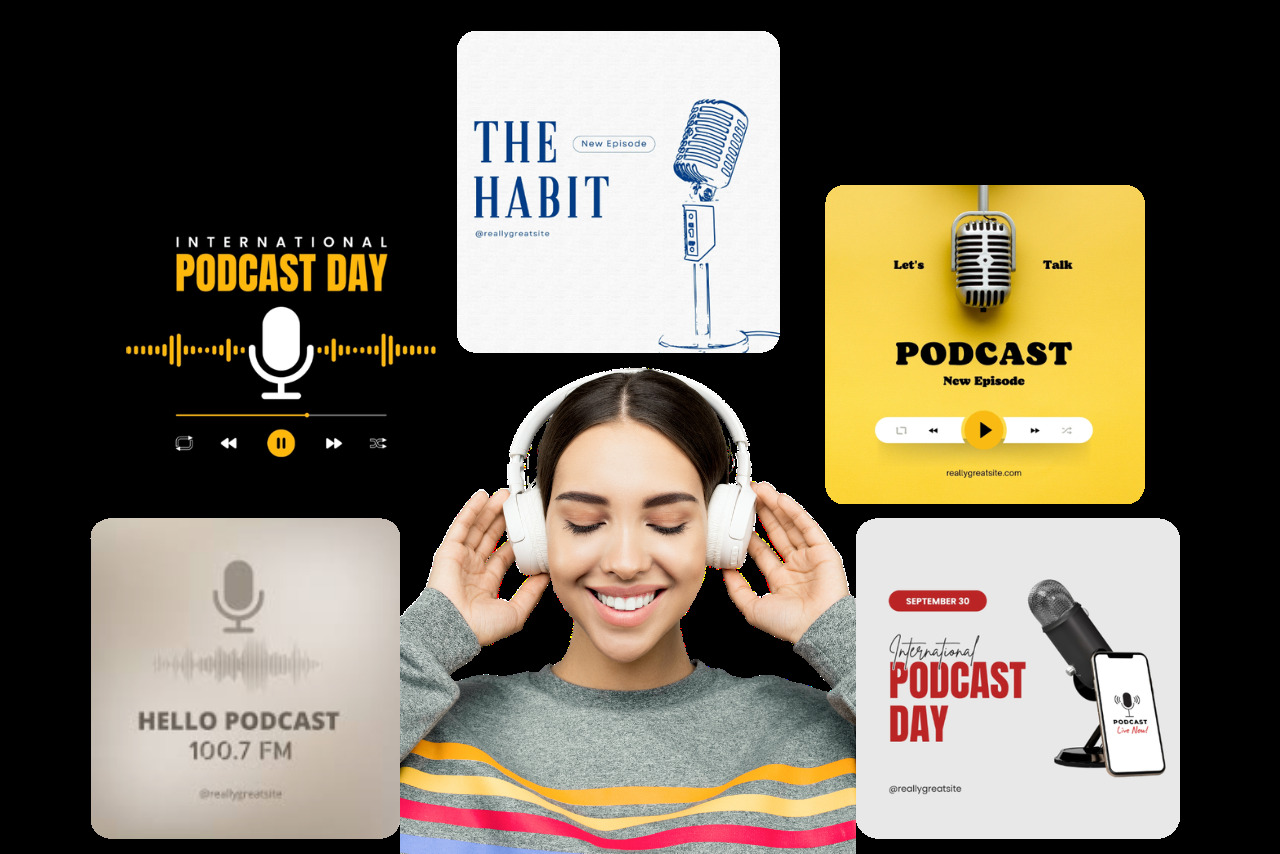 Woman wearing headphones surrounded by simplistic podcast artworks.
