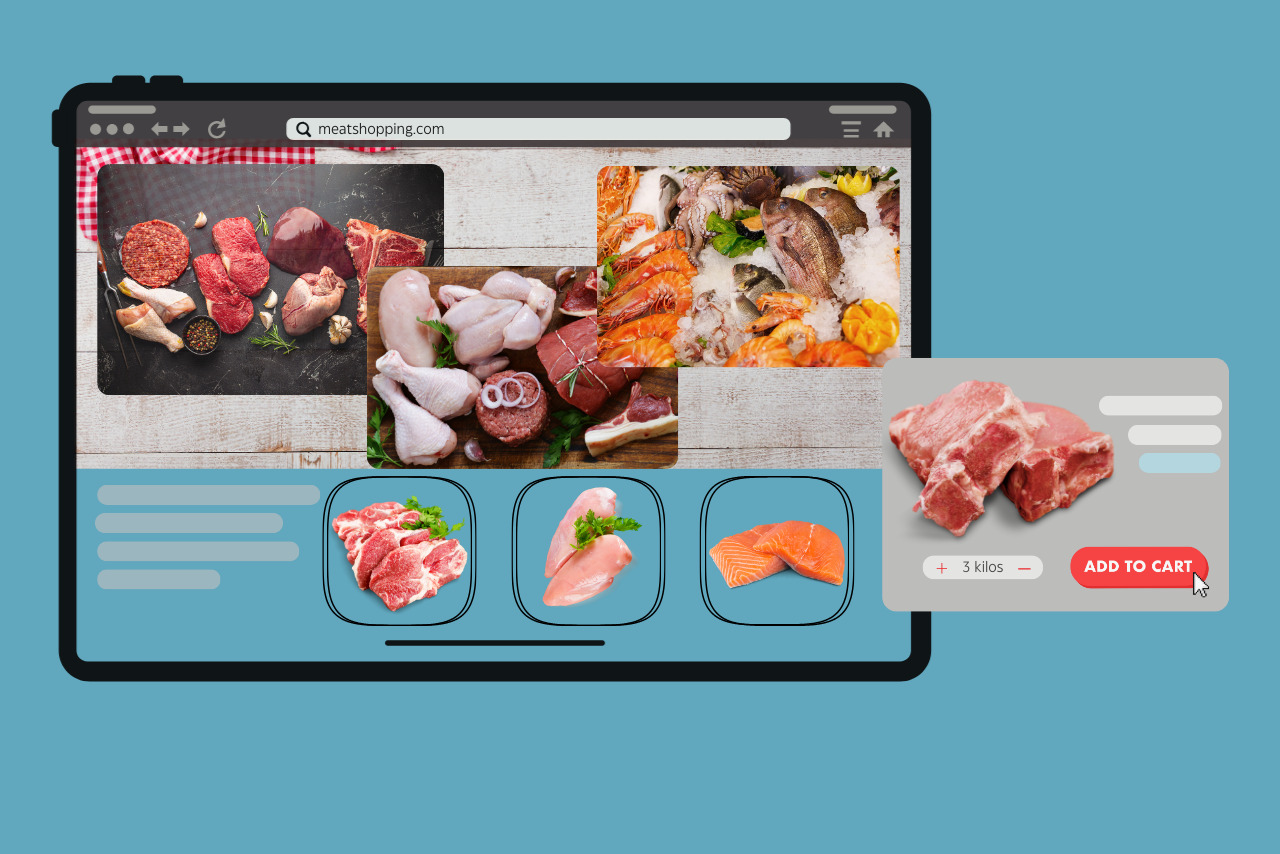 Meat shop ecommerce website mockup with feature to sell by weight.
