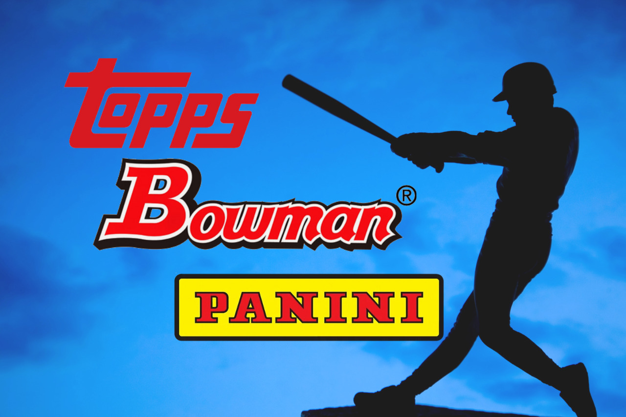 A silhouette of a baseball player accompanied by the logos of three major baseball card brands.