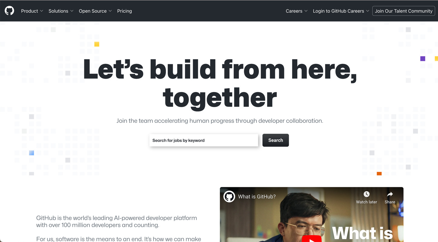 GitHub Jobs' homepage