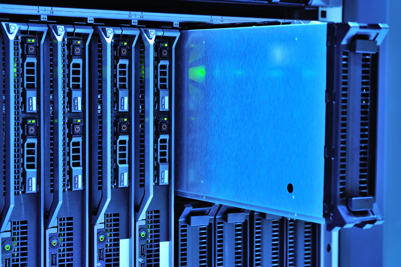 Computer server in data center room.