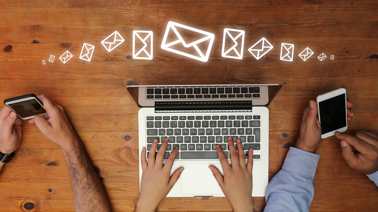 Three people: two on phones, middle person on laptop with email icons floating.