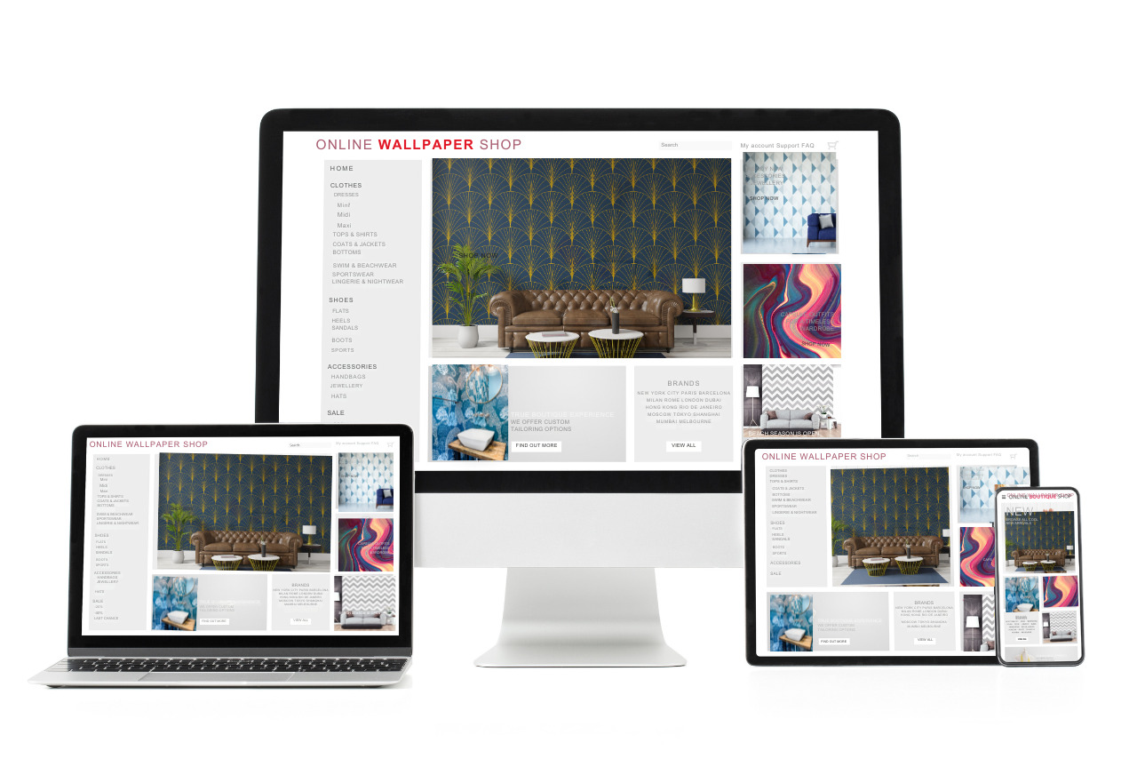 An online wallpaper store showcased across various devices.