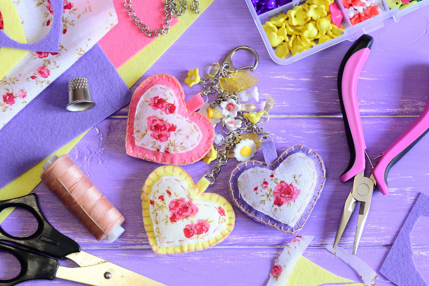 Heart shaped keychains made from felt and fabric.