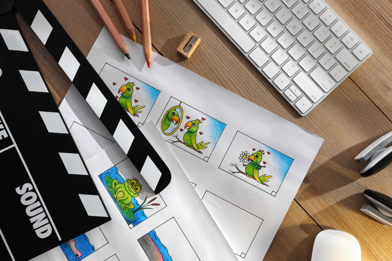Storyboards with cartoon sketches on table.