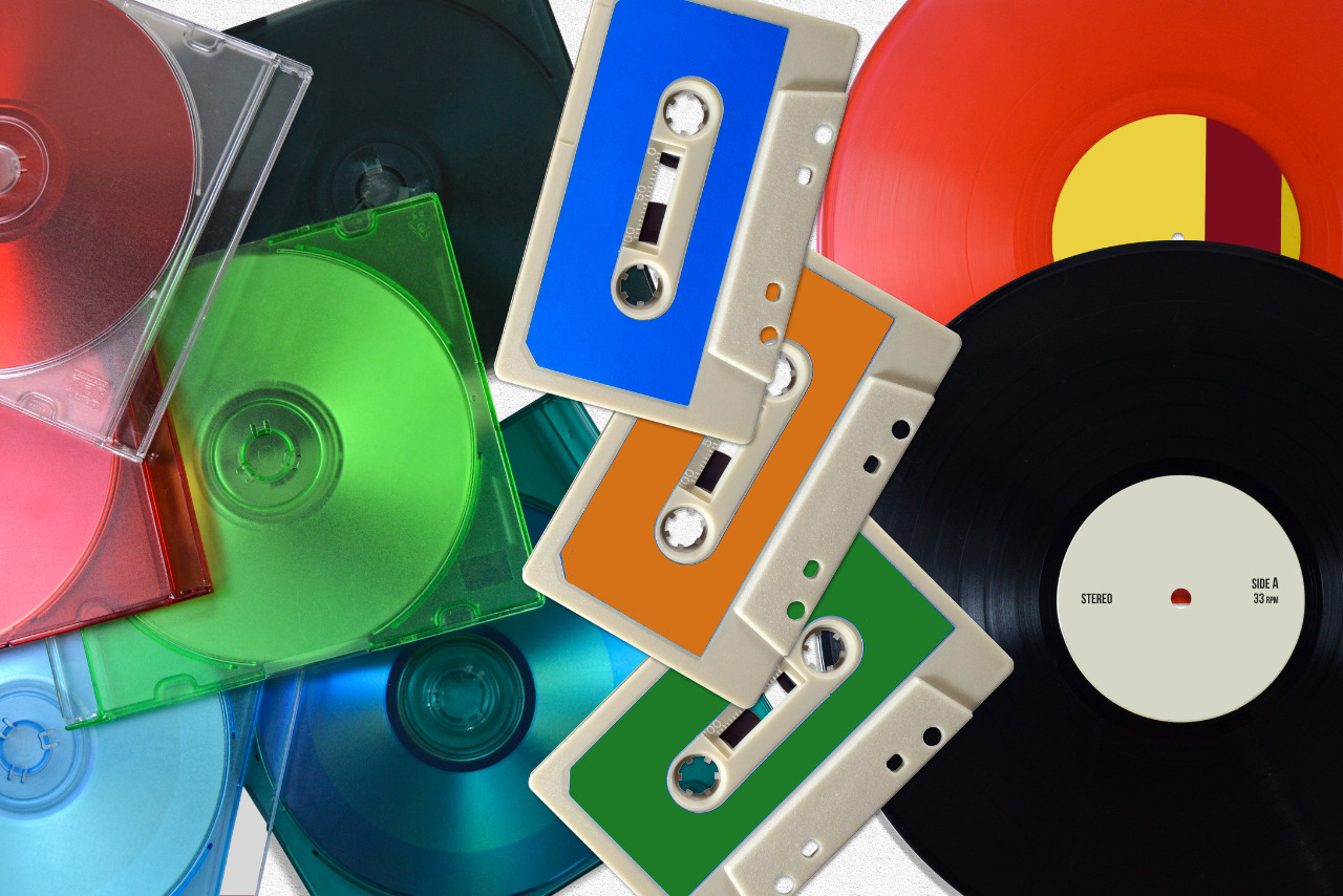 Various physical audio formats such as CD, cassettes and vinyl records.