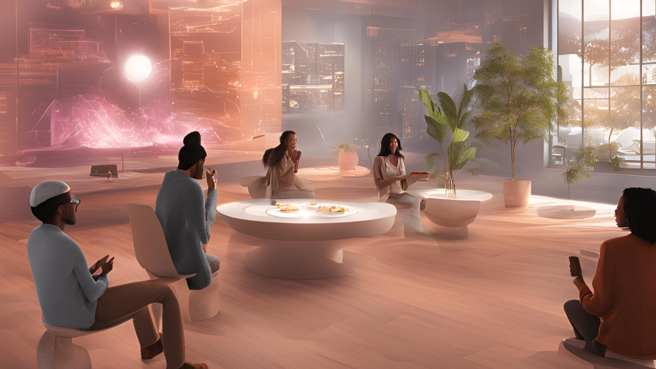 Avatars meeting at a virtual cafe.