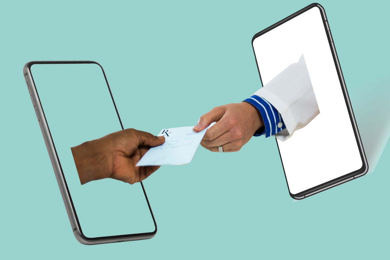 A doctor hands a prescription to a patient through smartphones.