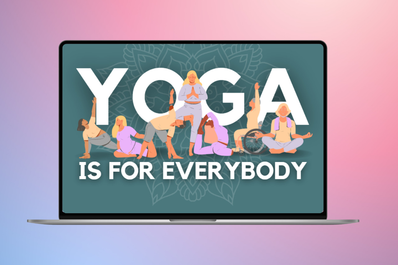 A laptop displaying a yoga website homepage with the tagline 