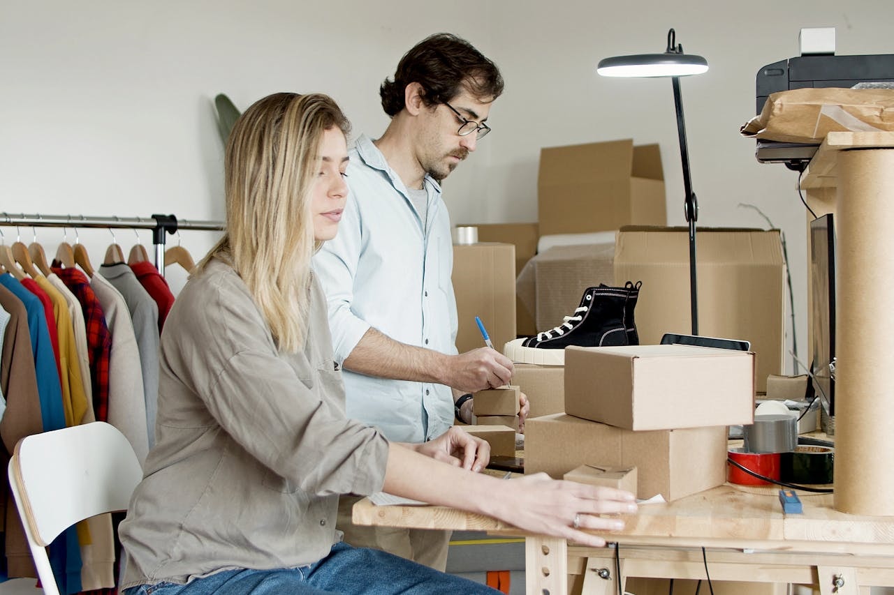 A man and a woman preparing orders for shipment