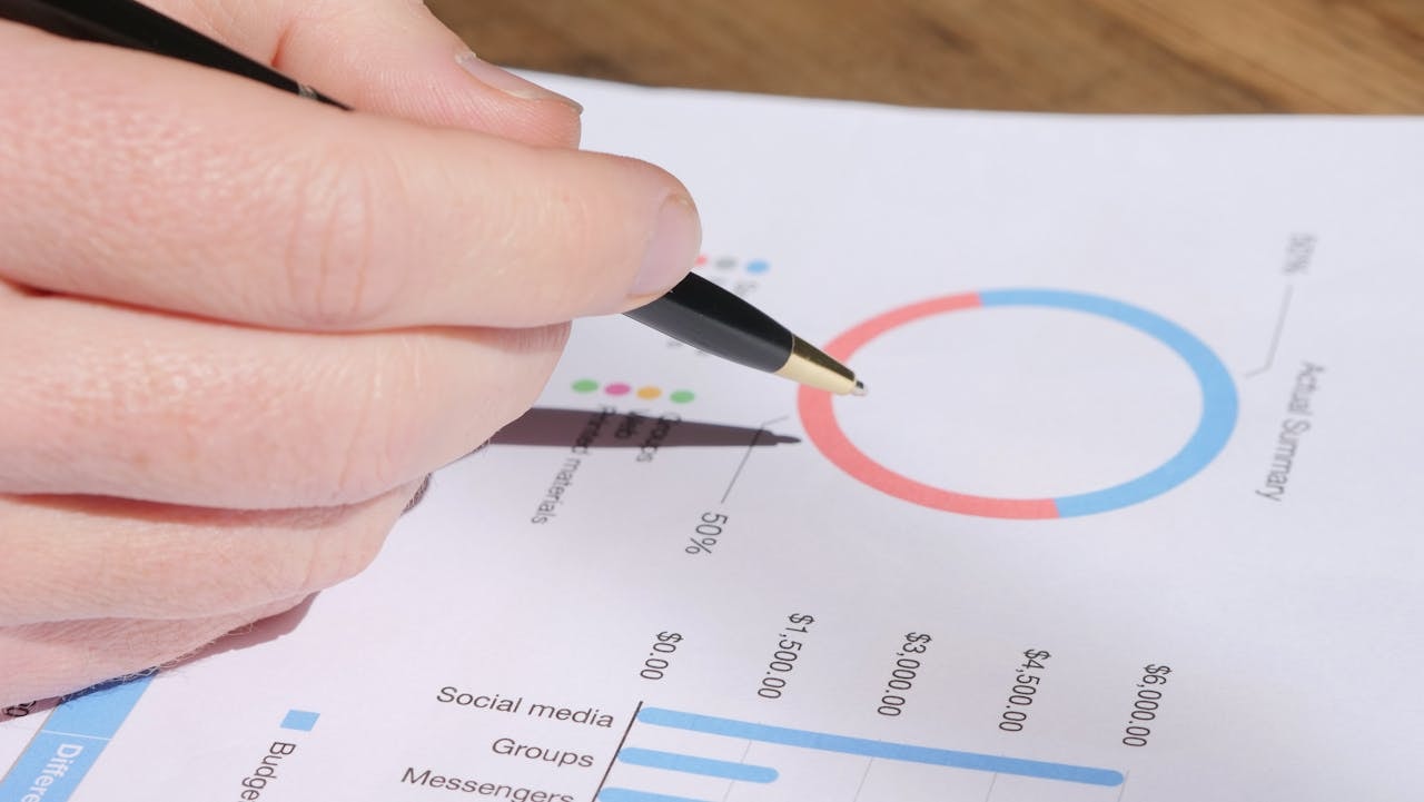 A person holding a pen and looking at a pie chart