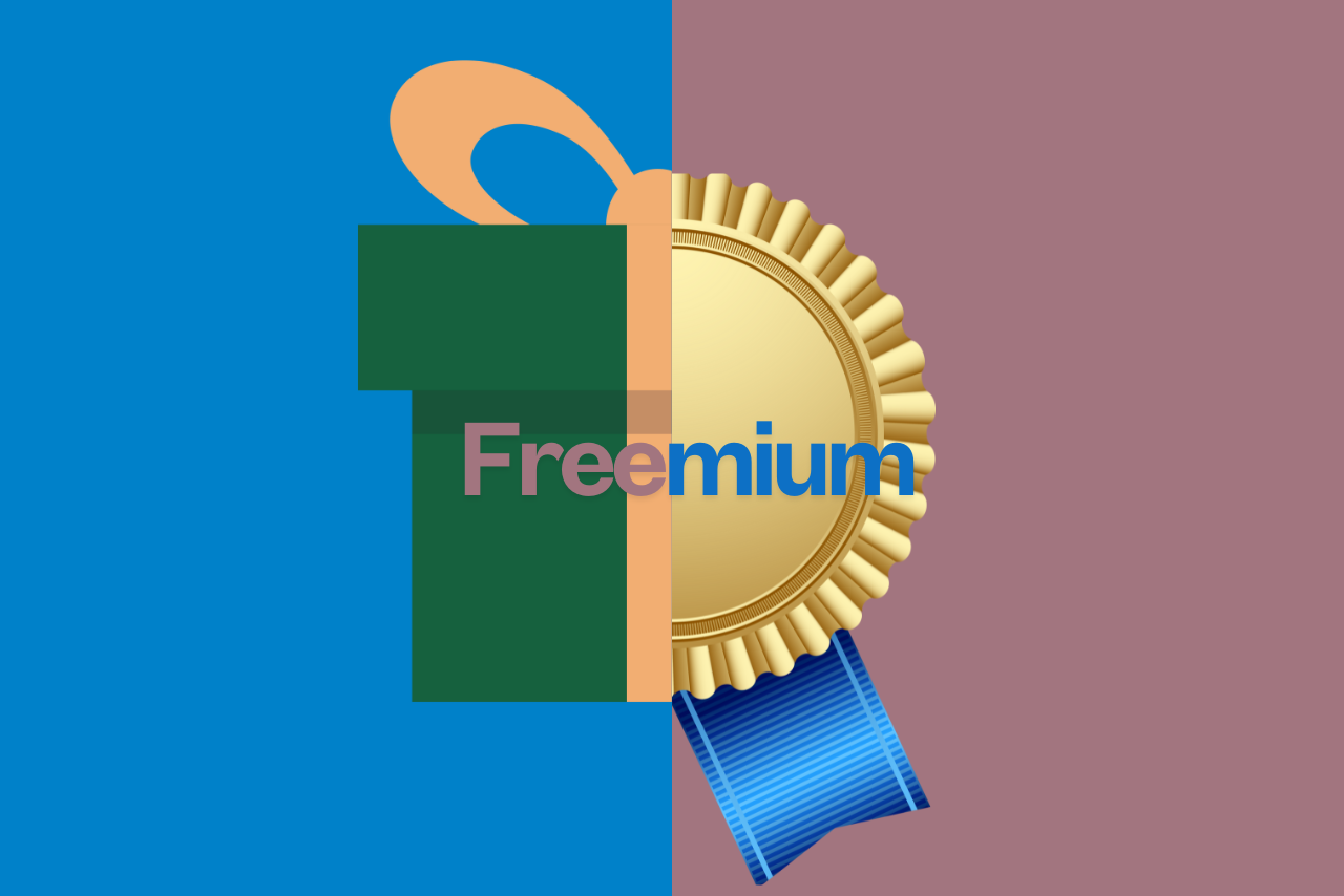 A symbol combining a gift box and a trophy, split down the middle, representing the freemium.