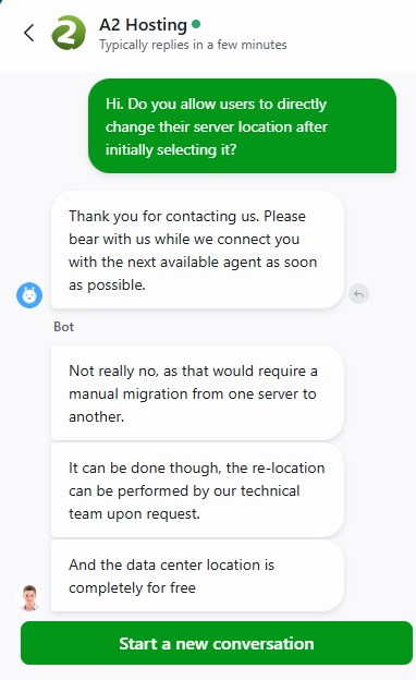 A2 Hosting livechat conversation