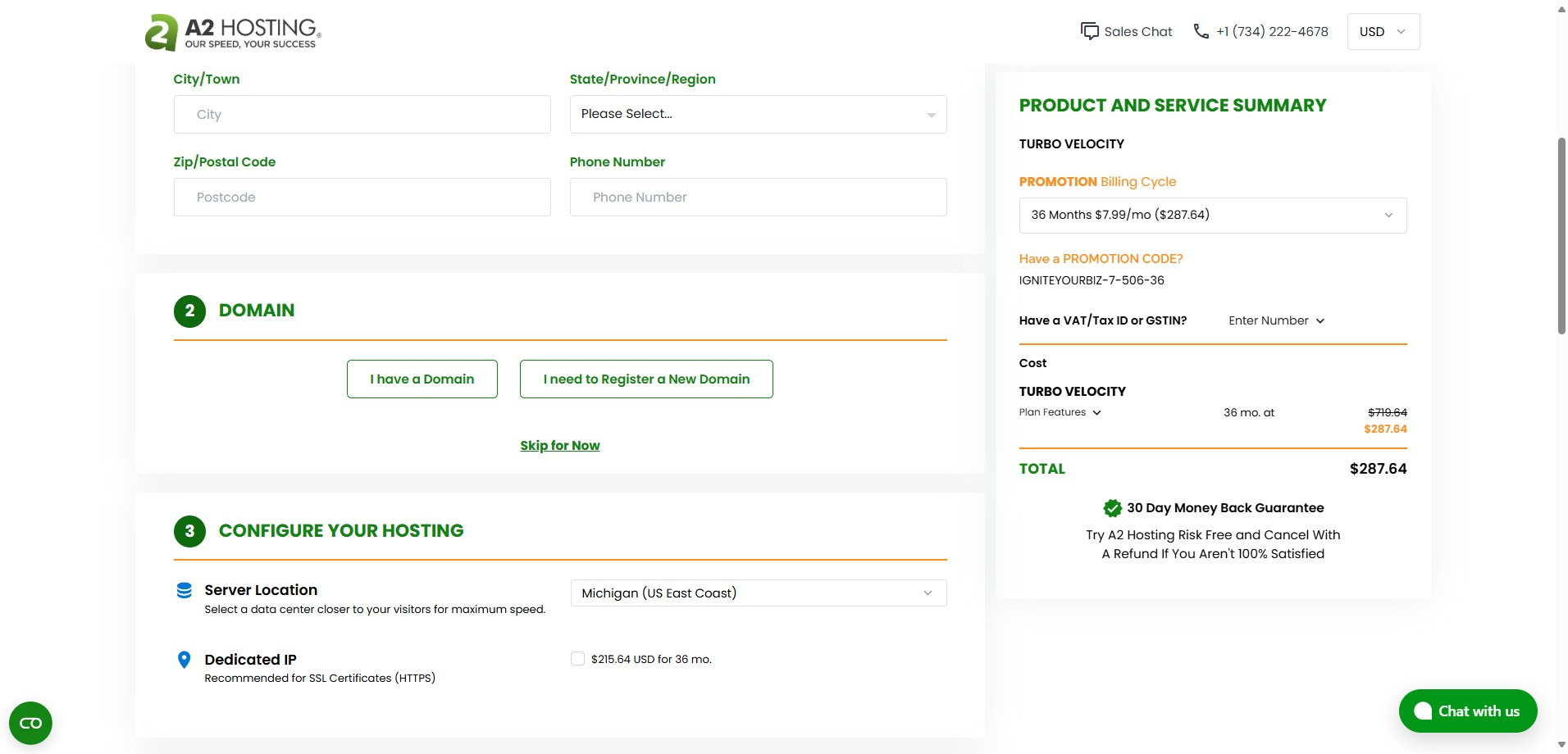 A2 Hosting signup form