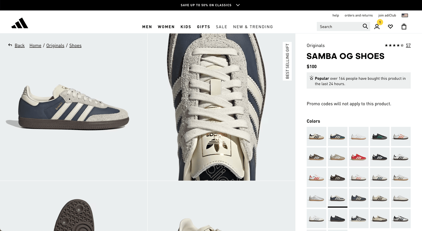 Adidas' website, uses zoomable photos of high quality