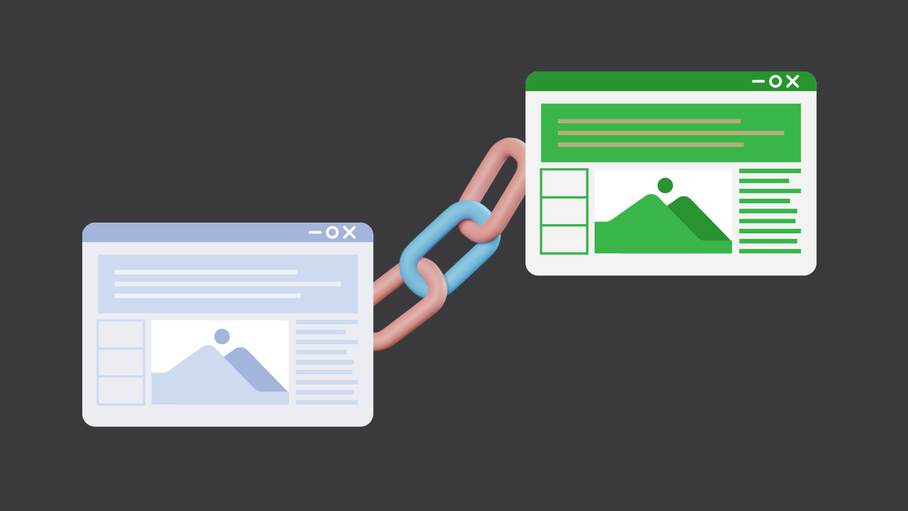 Backlink concept: Two websites linked by chains.