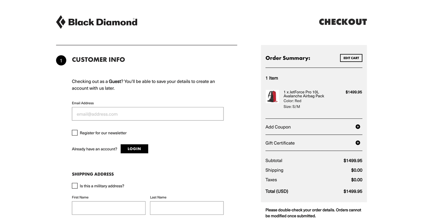 Black Diamond's checkout page with guest option