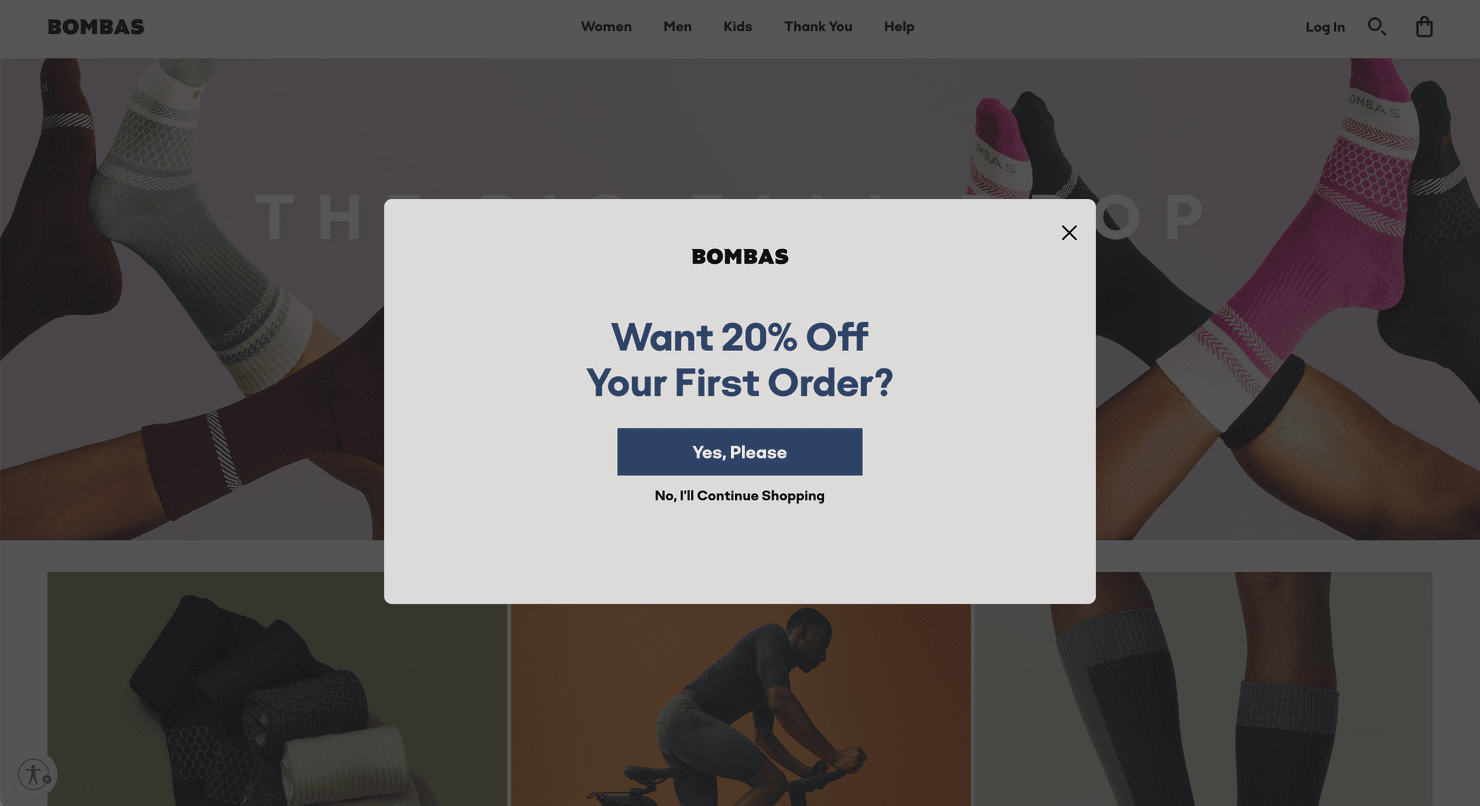 Bombas website offering new visitors a discount on their first order