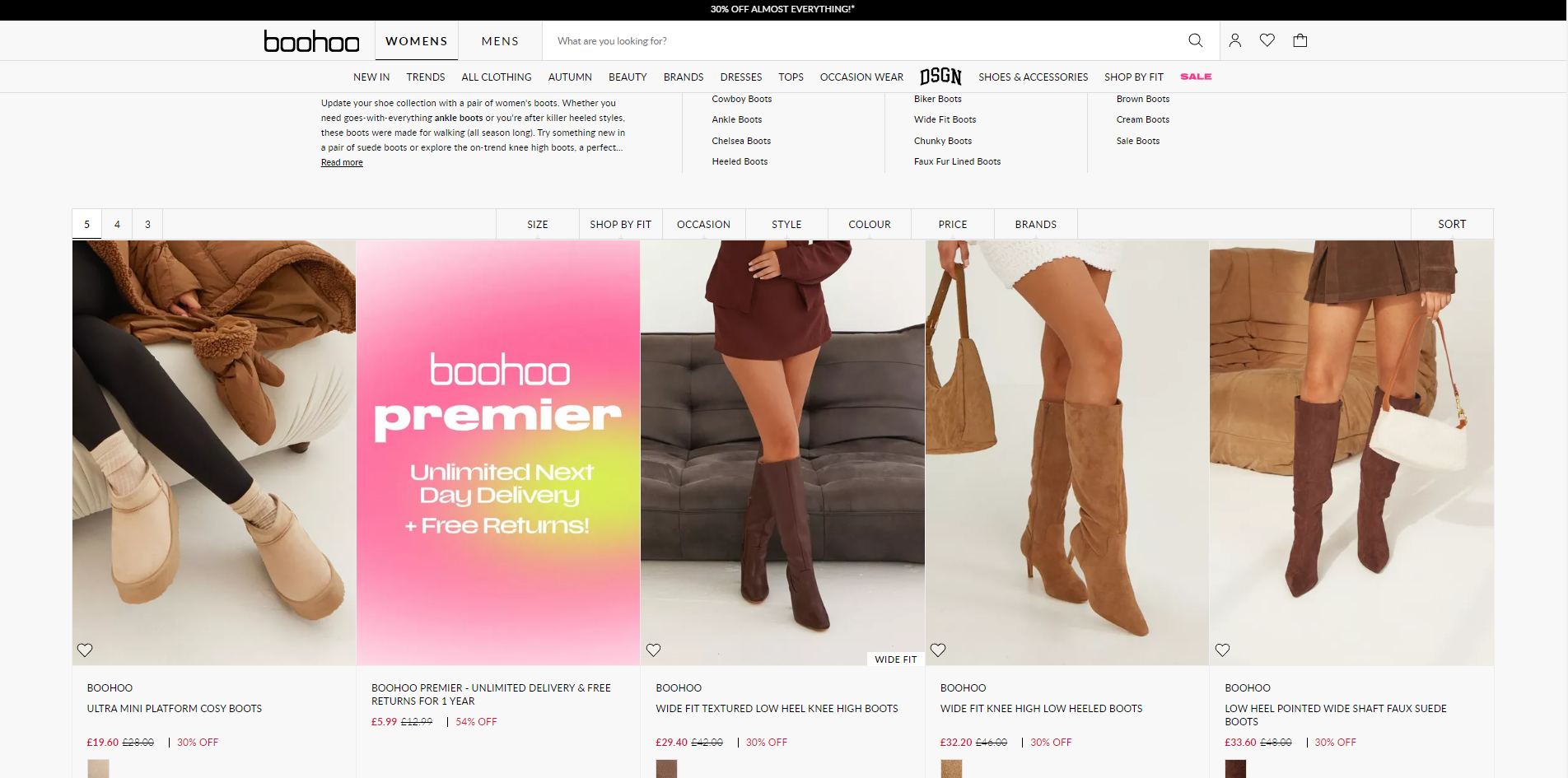 Boohoo's boots product list page.