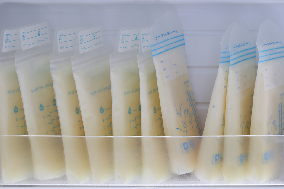 Breast milk storage bags in refrigerator.