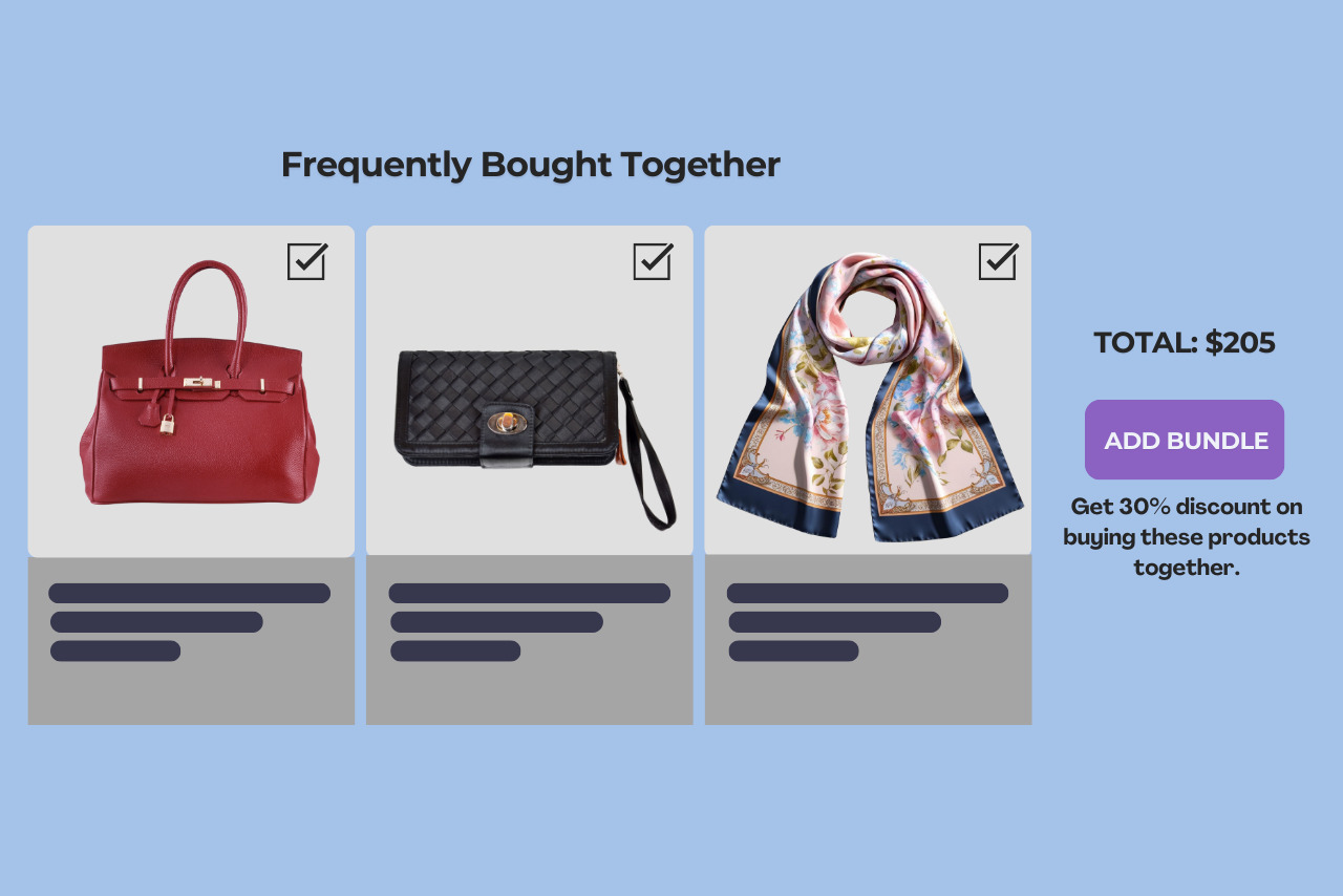 Bundled items that are frequently broguth together such as bag, wallet and scarf.
