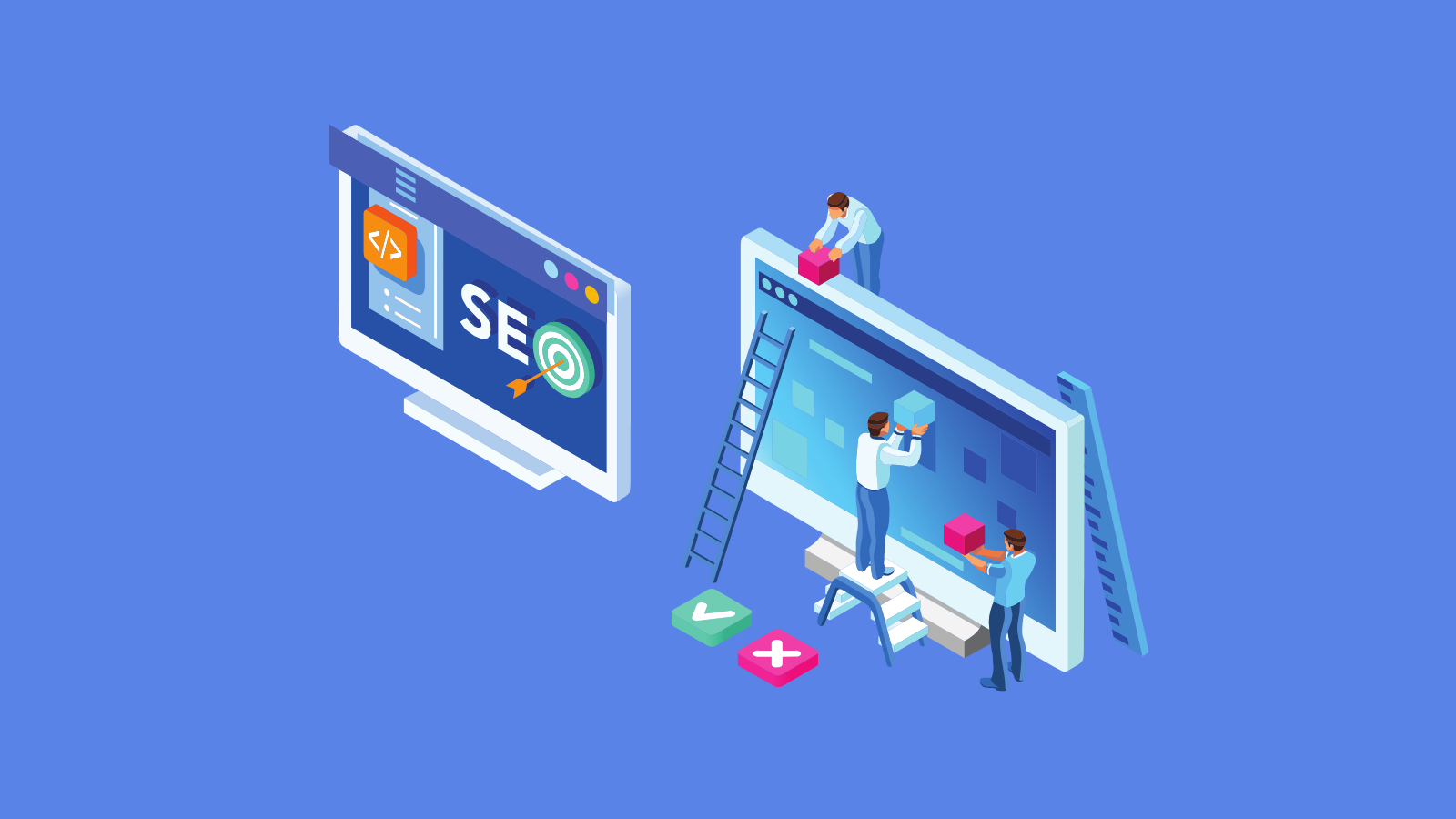 Cartoon people building SEO on computer screen.