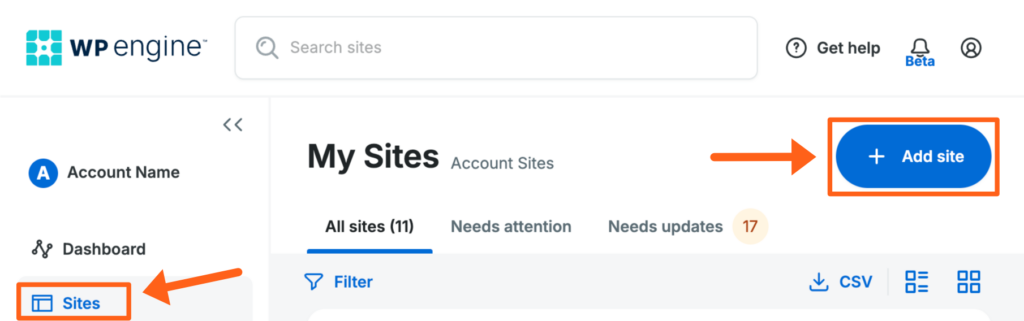 Add Site button