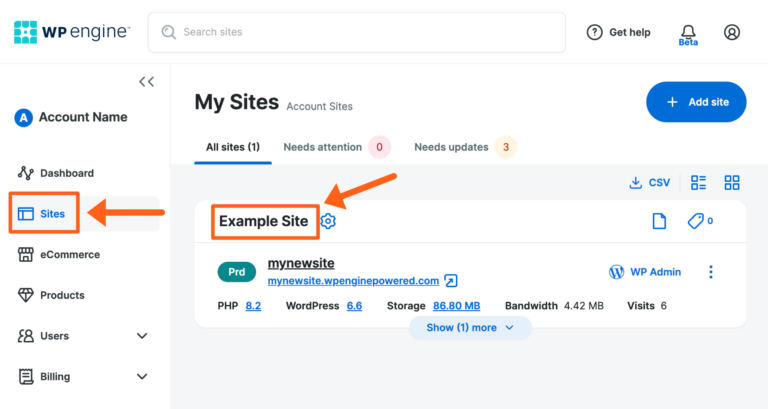WP Engine Sites tab