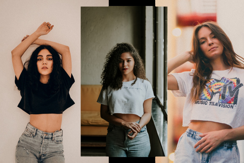 Collage of three women in different settings wearing croptops.