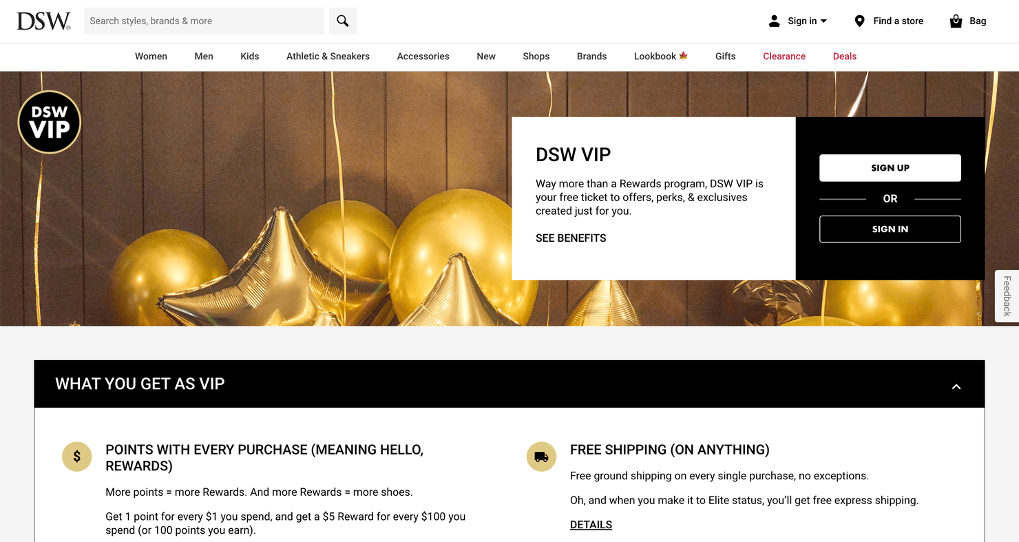 DSW's VIP page