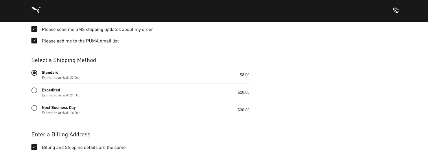 Delivery options on Puma's checkout page