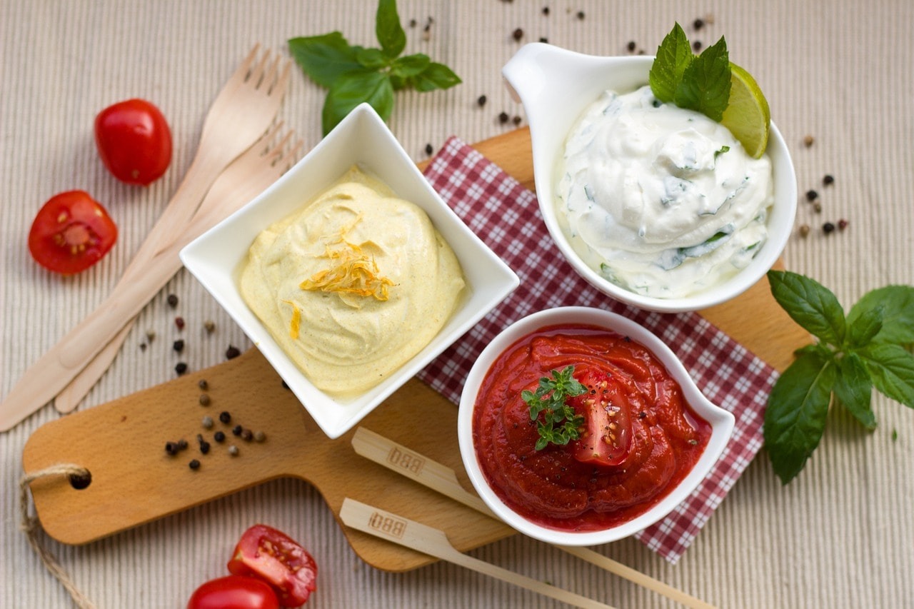 Different types of sauce in a restaurant.