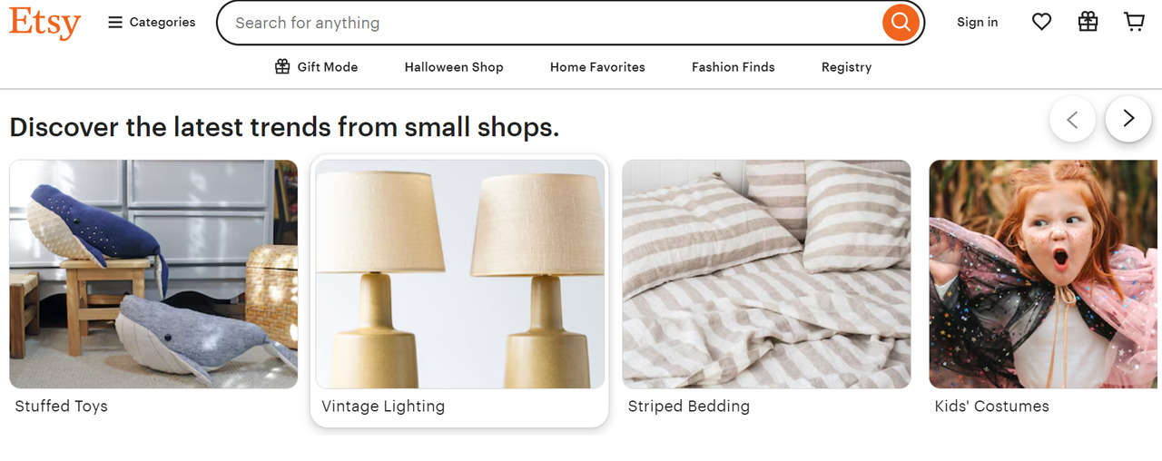 Etsy website homepage.