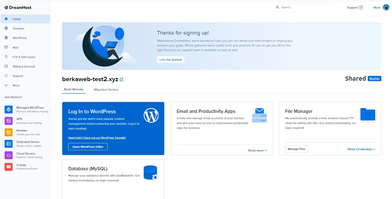 DreamHost's dashboard