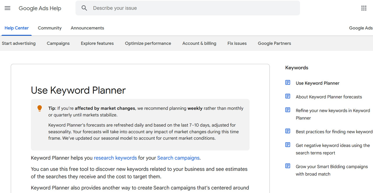 Google Keyword Planner website page.