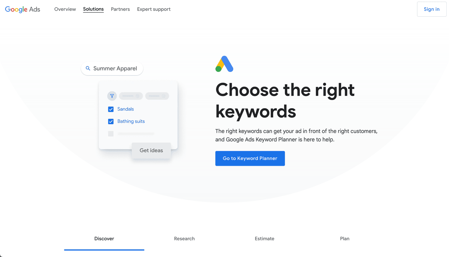 Google Keyword Planner's homepage