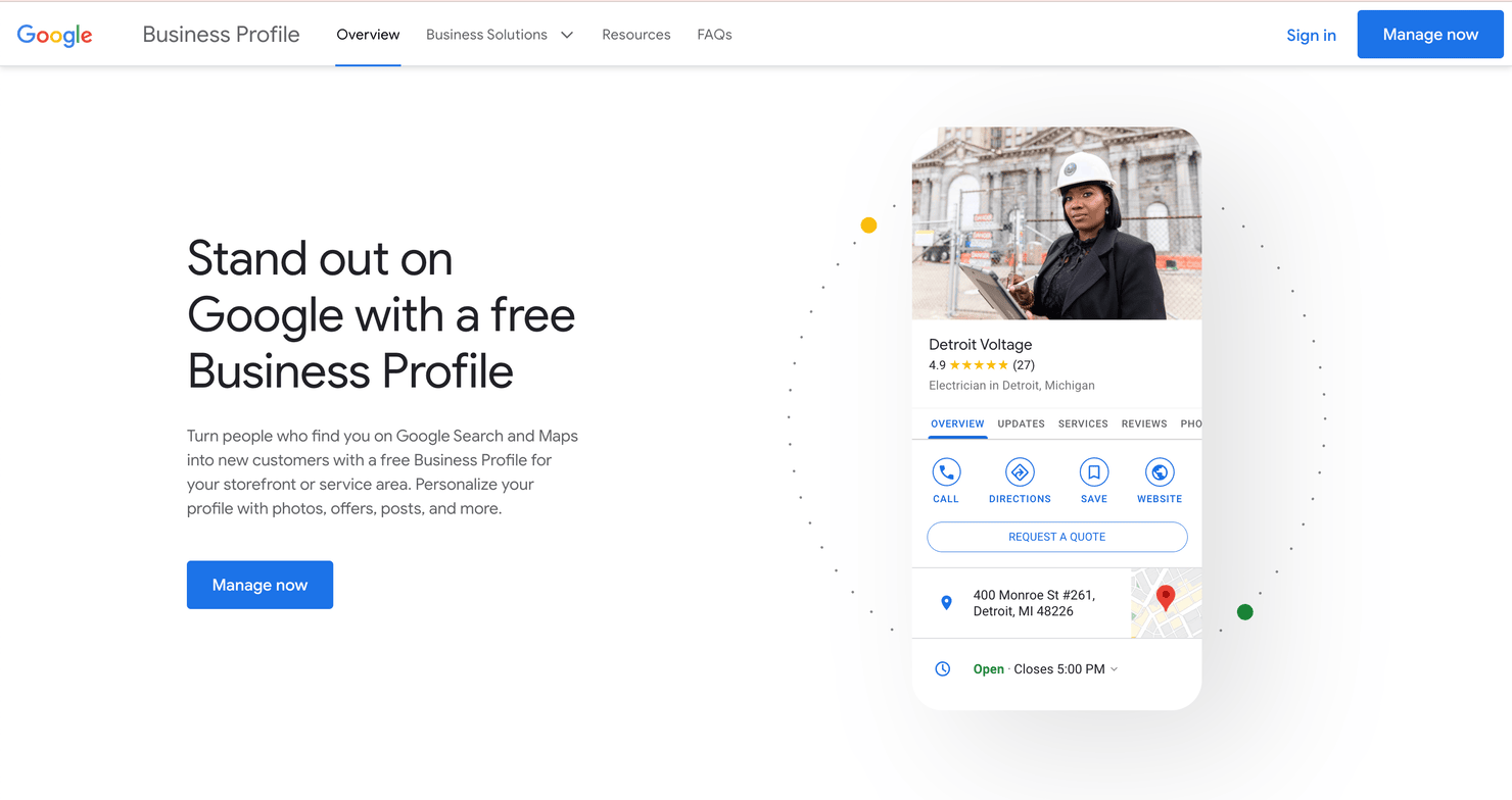 Google My Business' homepage