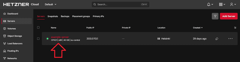 Hetzner Servers tab